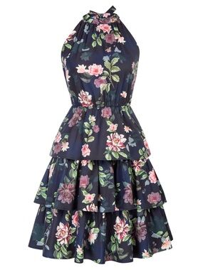 Navy Floral Halter Tiered Midi Dress